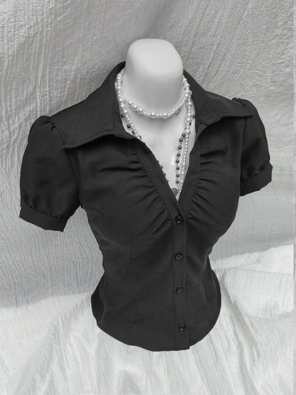 Europe and the United States 2025 Amazon wish cross-border new fashion V-neck pleated open-breasted women's slim short-sleeved shirt