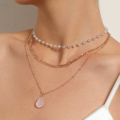 European and American cross-border jewelry multi-element protein bead crystal pendant necklace fashion three-to-one chain drop necklace