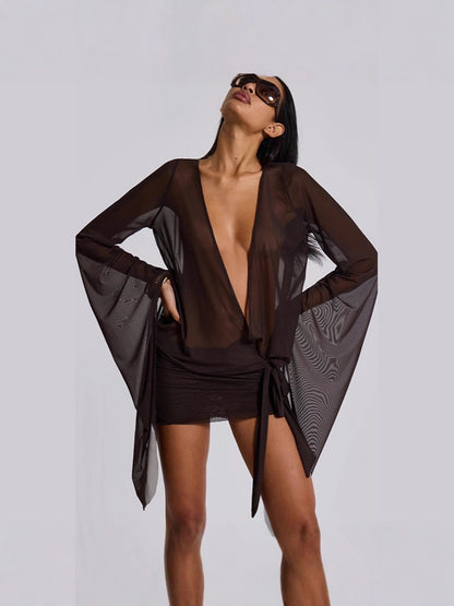 Cross-border AliExpress new European and American clothing sexy deep V see-through backless strap short hot girl buttock wrap dress