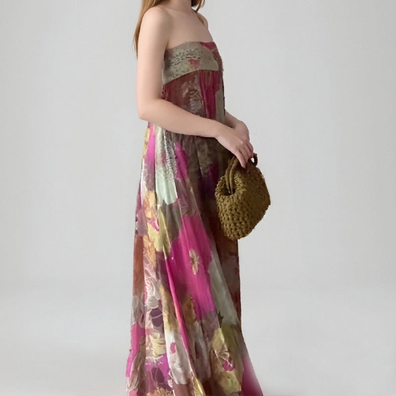 Cross-border 2025 Summer Amazon New European and American Fashion Printed Suspender Sexy Bandeau Long Dress