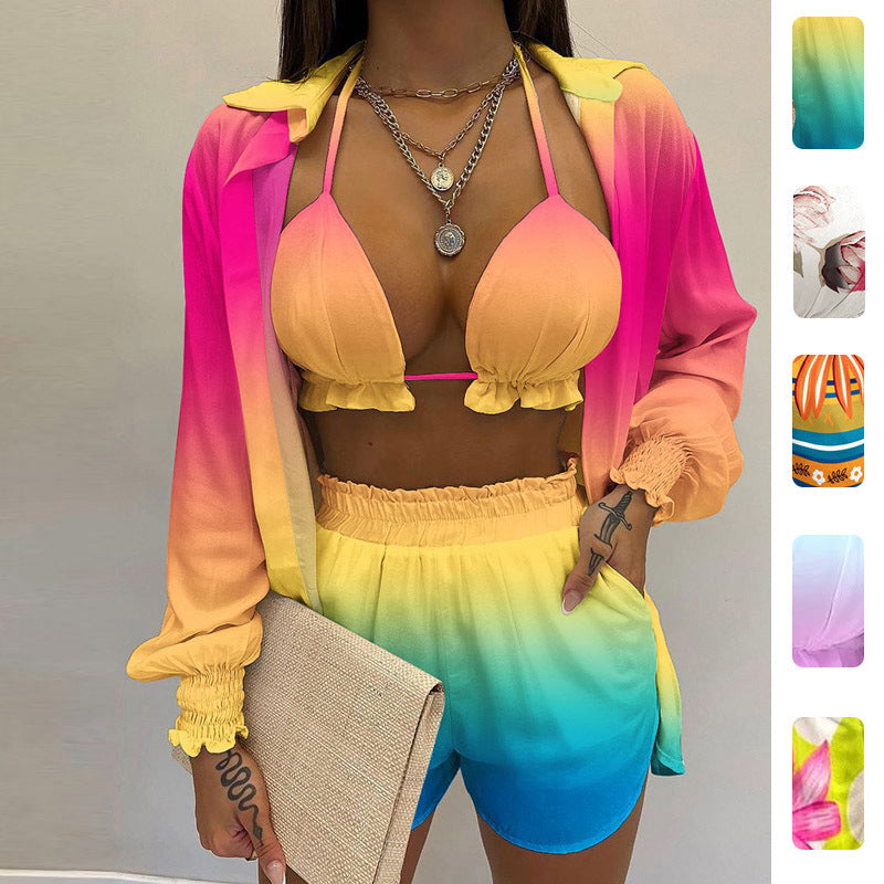 2026 Spring New European and American Cross-border Women's Sexy Printed Suisole Shirt Shorts Three-Piece Set Women