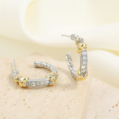 European and American gold and silver two-tone twisted C-ring earrings, slightly inlaid zircon half-ring earrings, cross-border light luxury color-block twisted studs