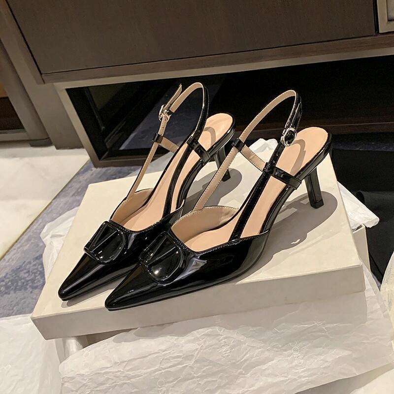 WO Huizhou 2026 Autumn New Patent Leather Pointed Toe V-Buckle Back Air Sandals Light Luxury European and American Temperament Women's High Heels