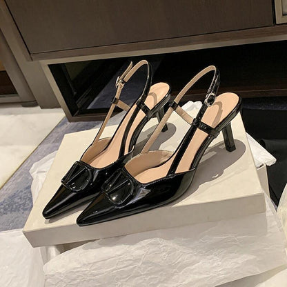WO Huizhou 2026 Autumn New Patent Leather Pointed Toe V-Buckle Back Air Sandals Light Luxury European and American Temperament Women's High Heels