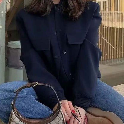 2026 new European and American jacket temperament, stand-up collar, large pockets, neutral style women's jacket, small fragrance style spring and autumn jacket women