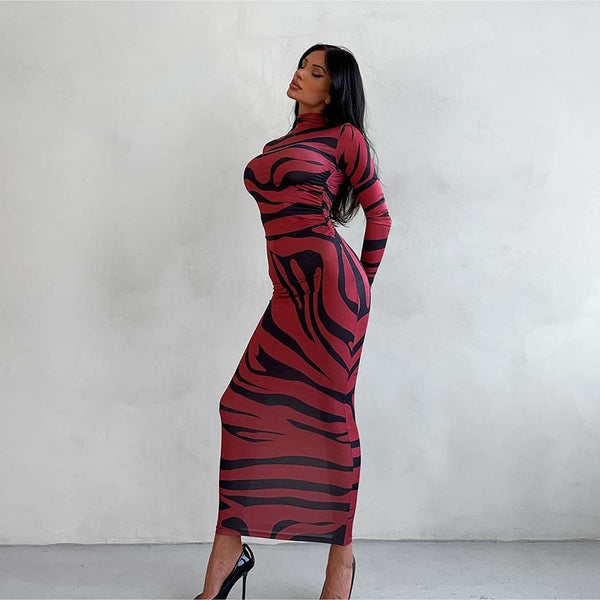 Cross-border wholesale European and American women's clothing 2024 autumn and winter new personality print half-high neck long sleeve slim hip wrap dress