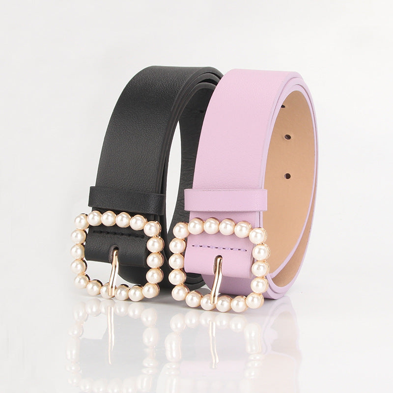 The square-shaped buckle pearl belt is fashionable and versatile, and the sweet and cute women's belt is fashionable and elegant, and the outfit is matched