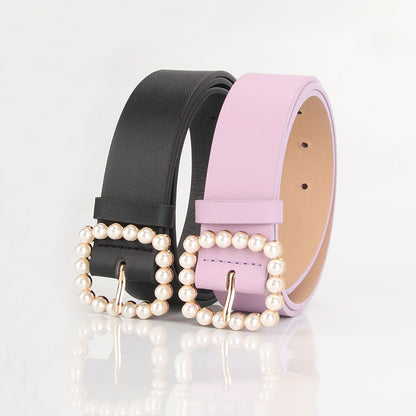 The square-shaped buckle pearl belt is fashionable and versatile, and the sweet and cute women's belt is fashionable and elegant, and the outfit is matched