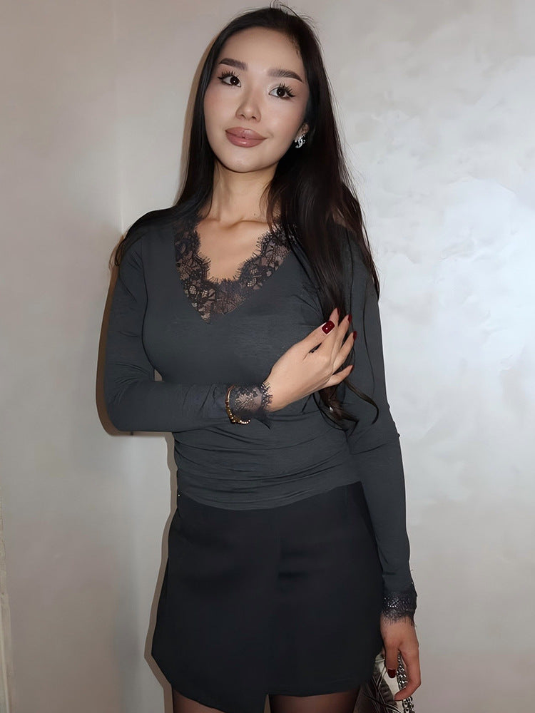 Cross-border autumn and winter new European and beautiful clothing temperament V-neck lace slim lace top women's solid color versatile base shirt