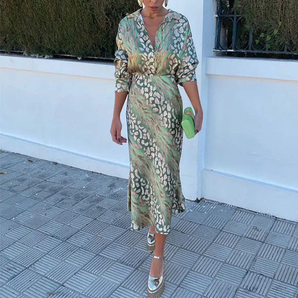 European and American Summer Cross-border New Elegant Printed Lapel Long Sleeve Shirt High Waist Skirt Fashion Set for Summer 2025