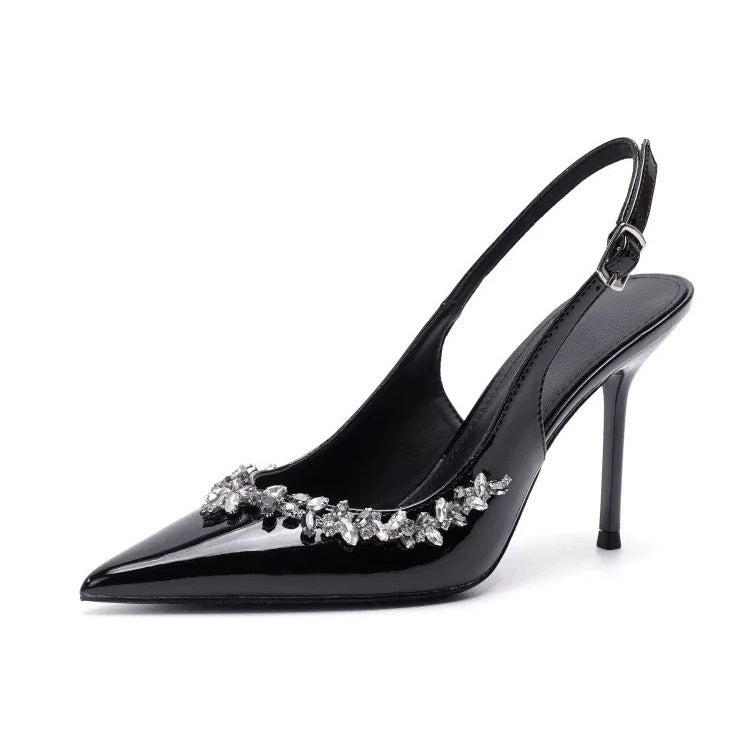 WO Huizhou City 2026 Autumn High Heel Sandals Rhinestone Toe Back Air European and American Versatile Fashionable Beautiful Black Stiletto Heel