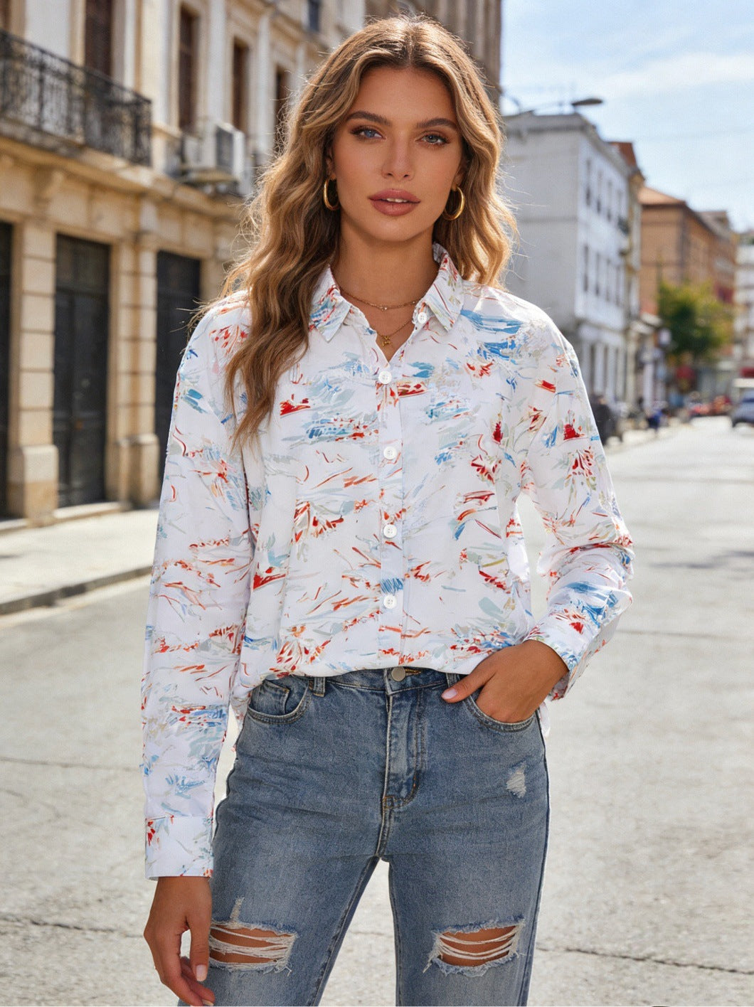 Cross-border European and American plus-size full-print prints, various pattern options, long-sleeve loose casual tops plus sizes