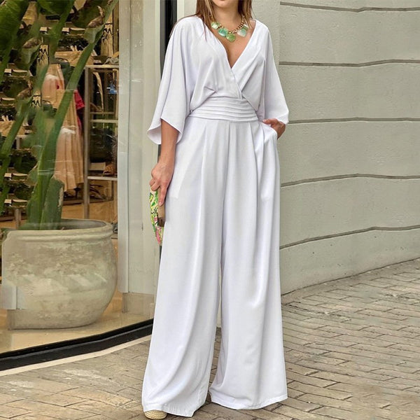 European and American clothing 2025 spring European and American jumpsuits, temperament, wide-leg pants, loose sleeves, V-neck, waist pocket jumpsuit