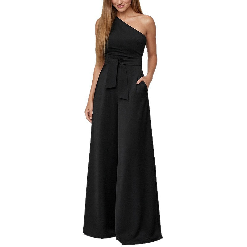 Cross-border foreign trade European and American clothing 2026 new solid color cross-collar off-shoulder lace-up high-waisted wide-leg European and American jumpsuit for women