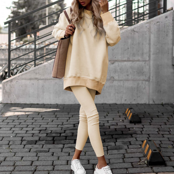 2026 spring new cross-border European beauty clothing ins crew neck irregular tight long-sleeved sweatshirt fashion set | Ciaura