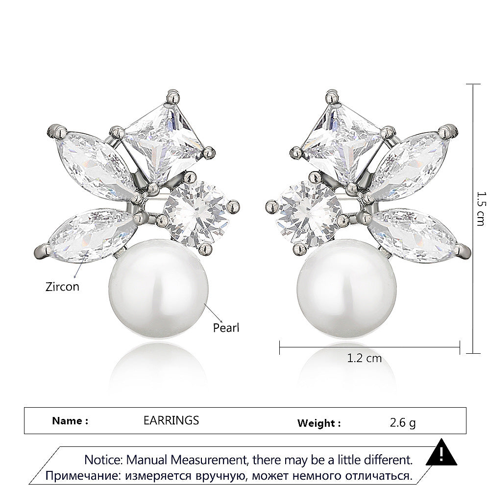 RAKOL European and American Cross-border Fashion Commuter Personalized Earrings, Square Horse Eye Zircon Pearl Simple Earrings