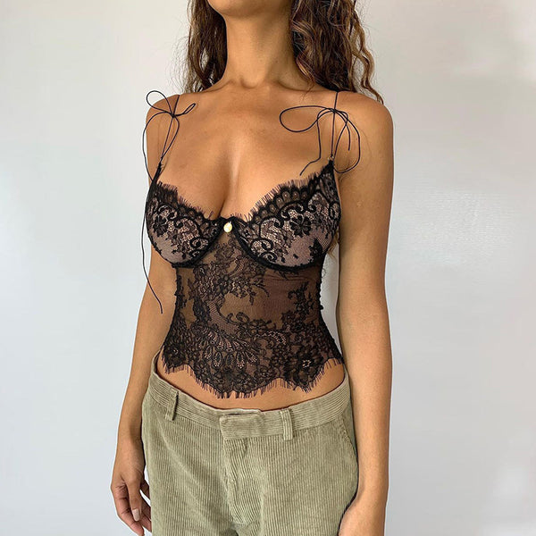 Amazon AliExpress Women's Clothing Hit 2023 Summer New Lace Small Suspenders Low Cut Sheer V-Neck Vest Women