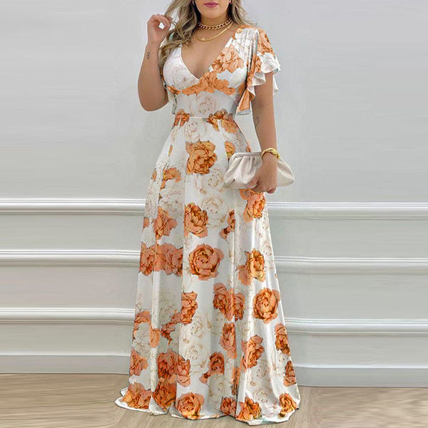 2026 spring new cross-border independent station European and beautiful women's temperament sexy V-neck waist print big swing dress
