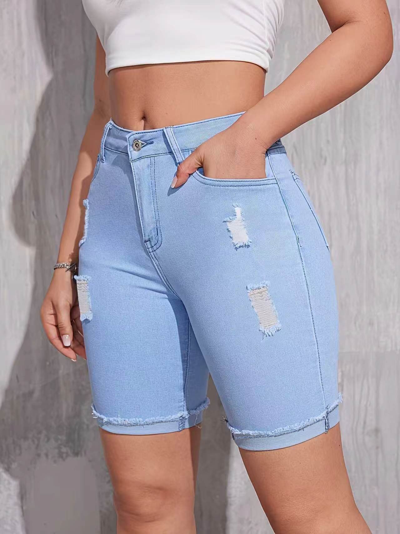 2026 AliExpress Women's Versatile Commuter Frayed Ripped Blue Denim Five-Point Shorts with Elegant Design Shorts