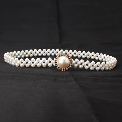 Ladies Pearl Belt Korean Version Rhinestone Pearl Embellished Belt Fashion Sweet Dress Elastic Belt Women Wholesale