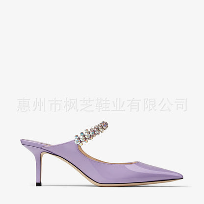 New cross-border European and American one-line strap ultra-high heel sandals, black pointed toe rhinestone heels, pump heels