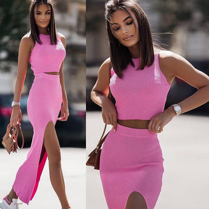 European and American style women's clothing 2023 summer new vest long skirt set solid color slim explosive slit skirt two-piece set for women