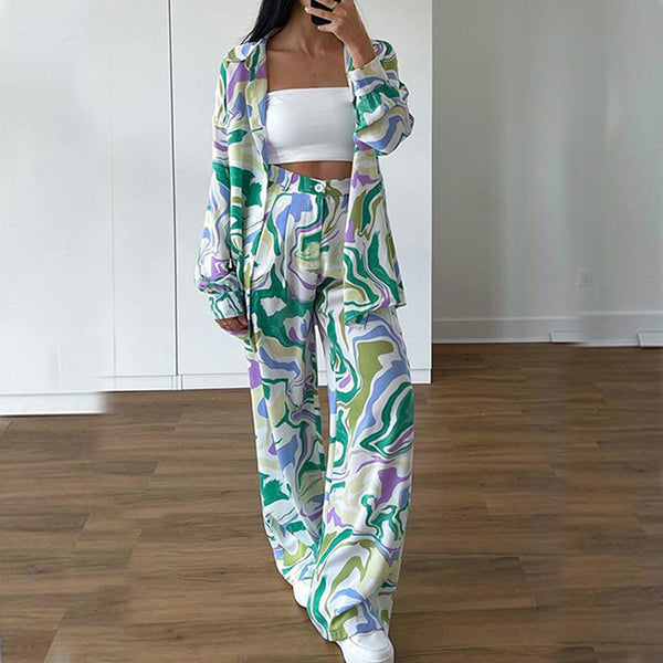 2026 New European and American Cross-border Women's Street Loose Printed Shirt Long Sleeve Fashion Casual Suit Women's Two-Piece Set