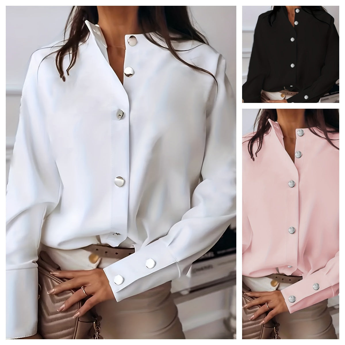 Cross-border 2023 autumn speed, European and American foreign trade, solid color, metal buckle, small stand-up collar, long sleeve shirt, female commuter, OL commuting