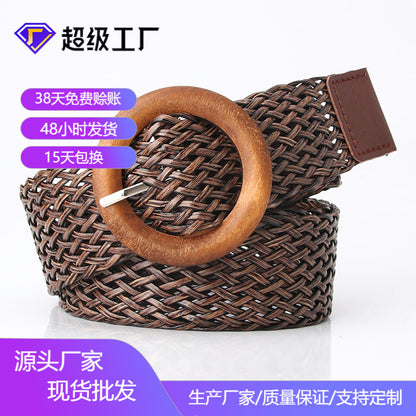 Cool belt custom ladies braided belt wooden buckle fashion versatile dress decorative belt simple pin buckle manufacturers