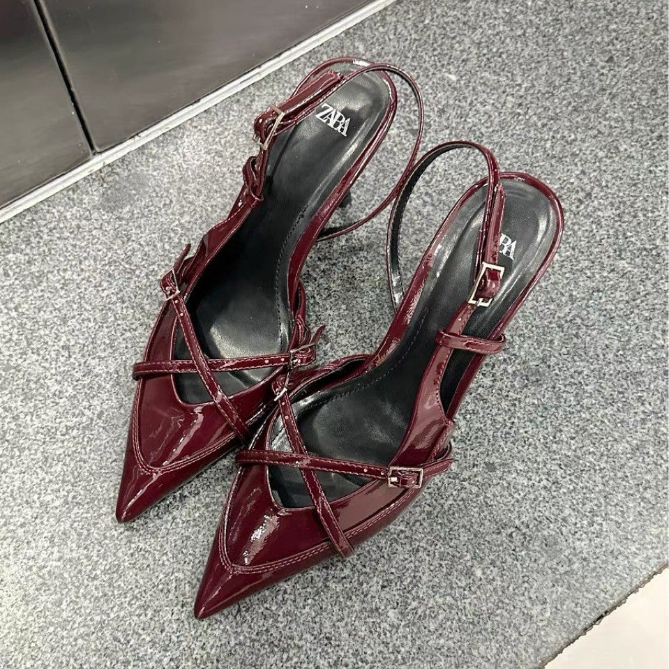 ZA2025 verão nova fivela preta com sandálias pontiagudas para mulheres estilo britânico slotted fivela salto alto para mulheres