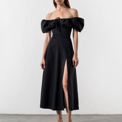 Spring 2026 European and American resort style French dress women's temperament sexy one-shoulder strap slit long skirt