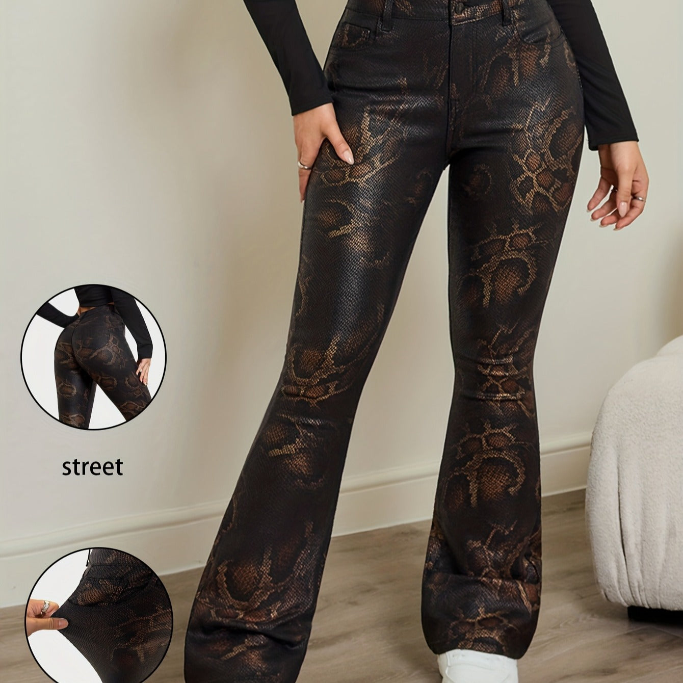 American new elegant, casual, versatile, slim, medium and high elasticity retro snake pattern flared jeans, women's color