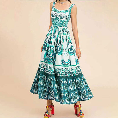 Amazon European and American cross-border women's clothing new printed square neck sundress pleated slim large swing European and American dress women