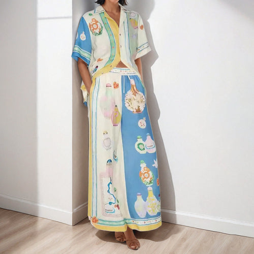 European and American cross-border 2025 independent station AliExpress fashion personality graffiti print color-blocking vacation leisure tether set