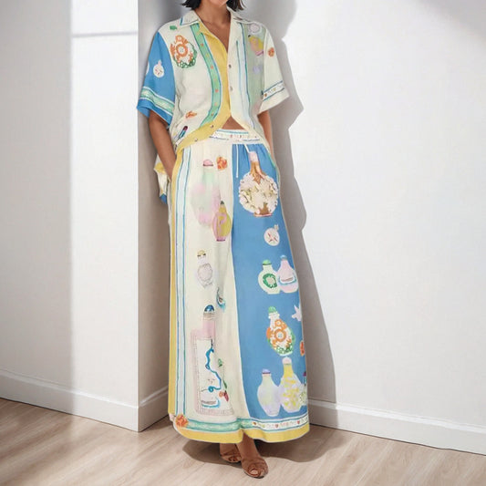 European and American cross-border 2025 independent station AliExpress fashion personality graffiti print color-blocking vacation leisure tether set