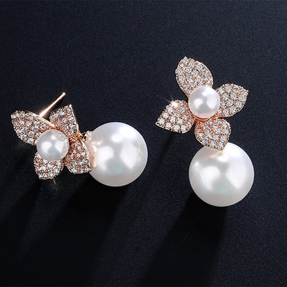 French niche design pearl earrings for women, high-end creative floral minimally inlaid zircon ear accessories for women