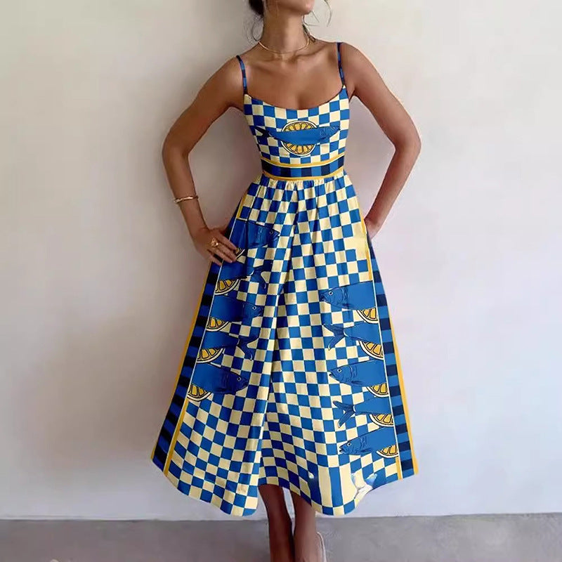 Amazon's new cross-border European and American fashion print pleated waist slip dress for spring 2026