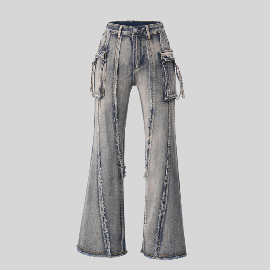 Street Trend Brand Wasteland Style Workwear Jeans, 3D Pocket Frayed Slightly Flared Wide-Leg Pants Women Jeans