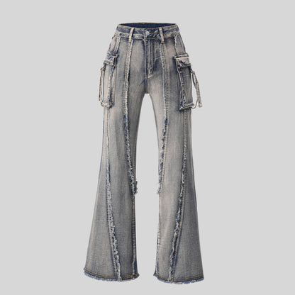Street Trend Brand Wasteland Style Workwear Jeans, 3D Pocket Frayed Slightly Flared Wide-Leg Pants Women Jeans
