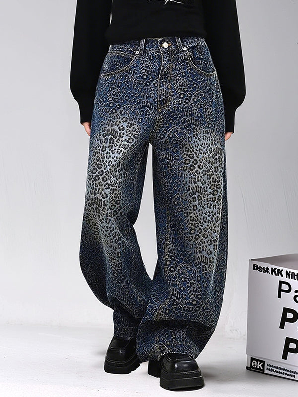 Autumn plus-size women's leopard print curved knife pants, distressed trendy brand loose street tough American vintage street-bombing jeans
