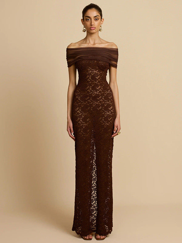 Cross-border wholesale autumn new women's clothing sexy lace one-shoulder see-through slit slim hip wrapping dress for women