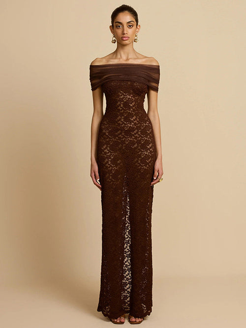 Cross-border wholesale autumn new women's clothing sexy lace one-shoulder see-through slit slim hip wrapping dress for women