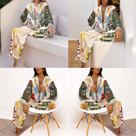 Cross-border European and American Clothing 2026 Suit New Casual Print V-Neck Shirt Wide-Leg Pants Women's Spring Suit Women's Spring Suit Women