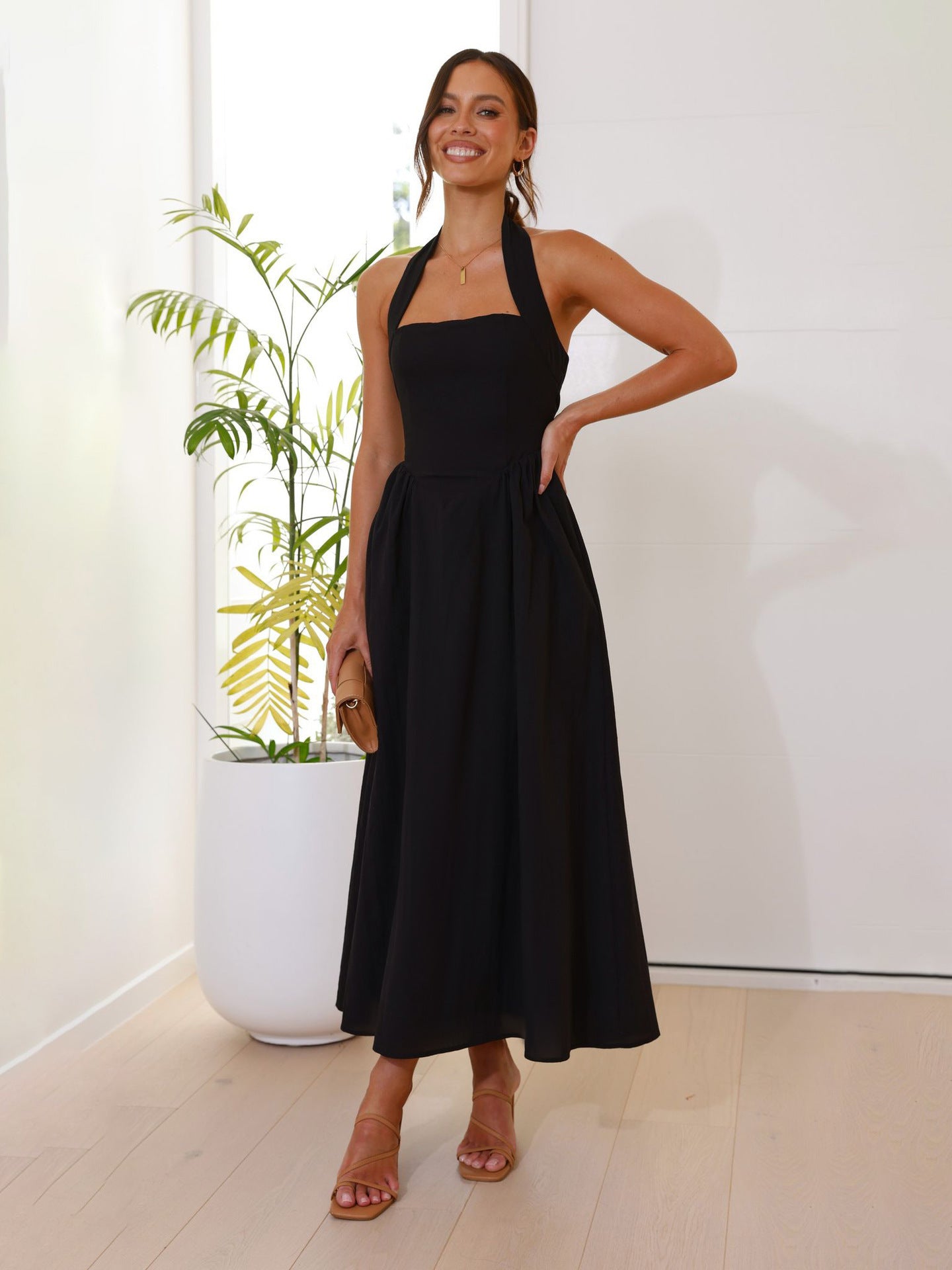 Cross-border Europe and the United States 2025 summer new women's temperament solid color square neck sleeveless waist halterneck backless dress for women