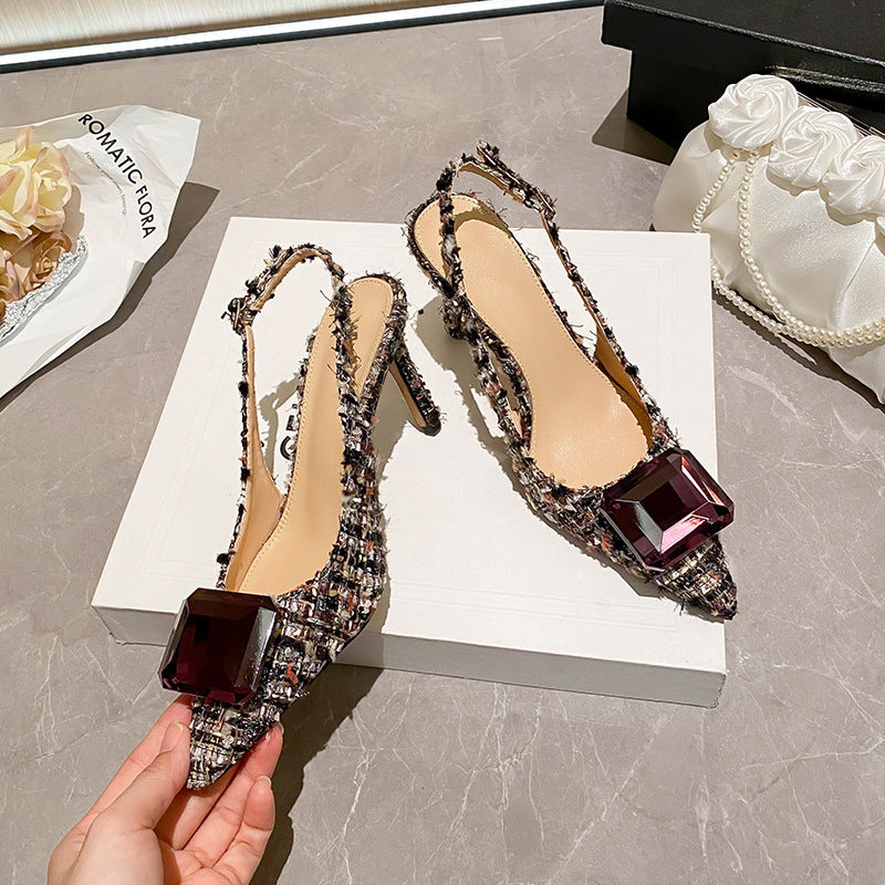 YX stiletto heel French small fragrant style toe toe sandals for women 2026 autumn new temperament pointed back hollow single shoes tweed