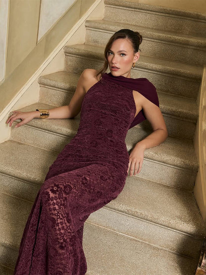 Foreign trade European and American autumn new women's fashion French temperament scarf collar sexy backless lace spliced hip wrap dress