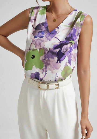 In stock European and American cross-border 2024 Amazon spring/summer new flower print V-neck sleeveless top