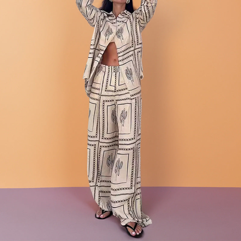 Cross-border spring 2026 new European and American style women's clothing temperament long-sleeved printed shirt loungewear fashion women's suit