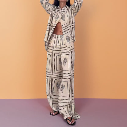 Cross-border spring 2026 new European and American style women's clothing temperament long-sleeved printed shirt loungewear fashion women's suit