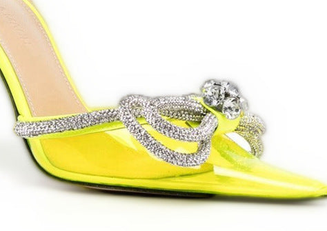 Transparent bow rhinestone high heel sandals pointed toe stiletto heels fashion European and American cross-border European and American style